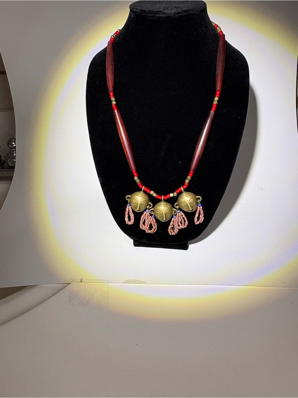 Handcrafted Red Bead Necklace with Brass Pendant Accents